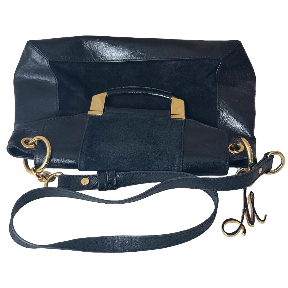 Milly Black Leather and Suede Shoulder Bag Gold Hardware Logo Charm - Picture 6 of 10